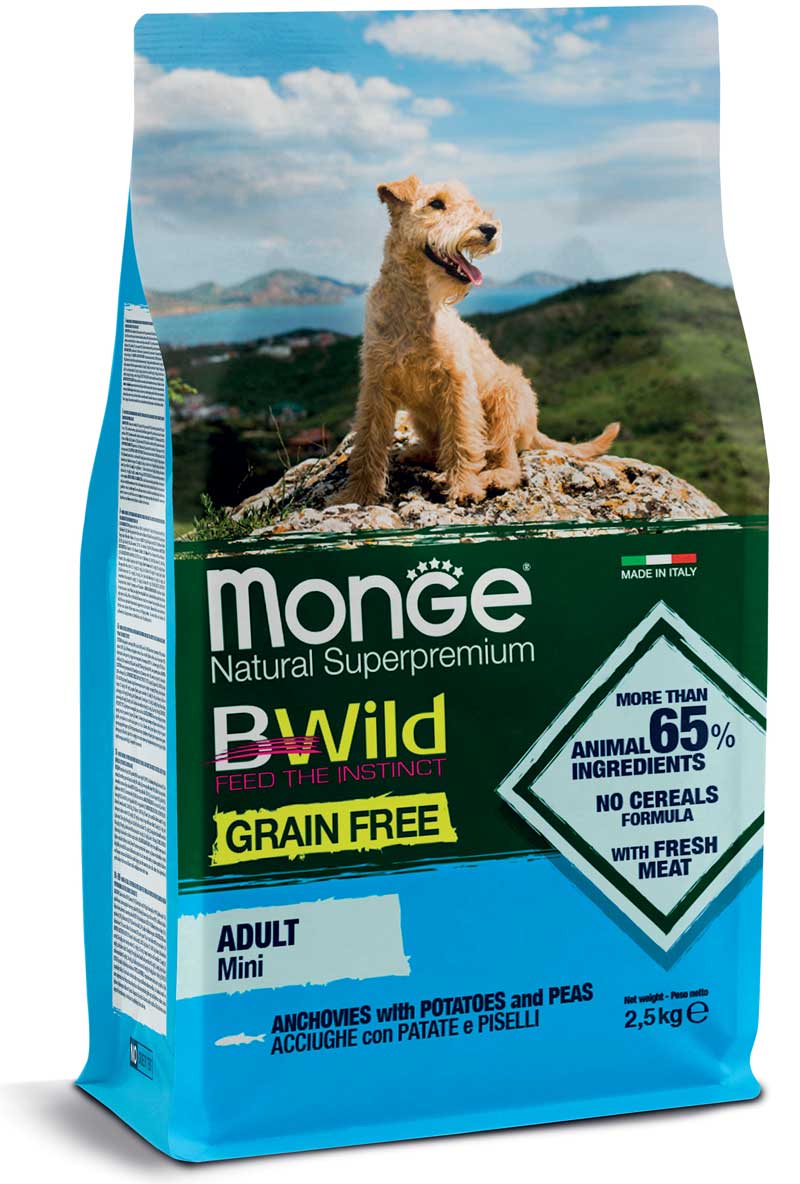 Monge Natural SuperPremium Grain Free Formula Mini Cane Adulto Acciughe con patate e piselli 2,5 kg
