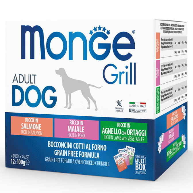 Monge Grill Multipack Buste – Agnello con Ortaggi, Maiale, Salmone 12 x 100 g