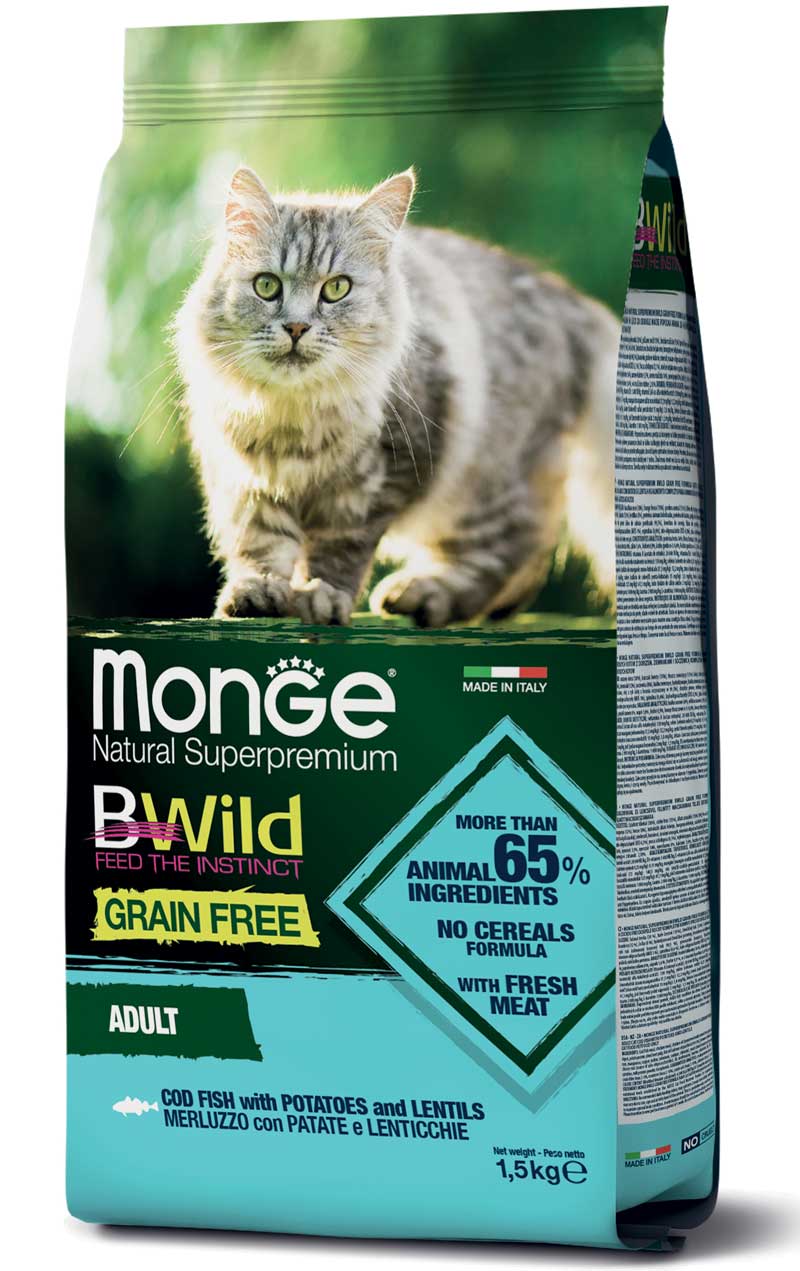 Monge BWild Grain Free Formula Gatto Adulto Merluzzo con patate e lenticchie 1,5 kg