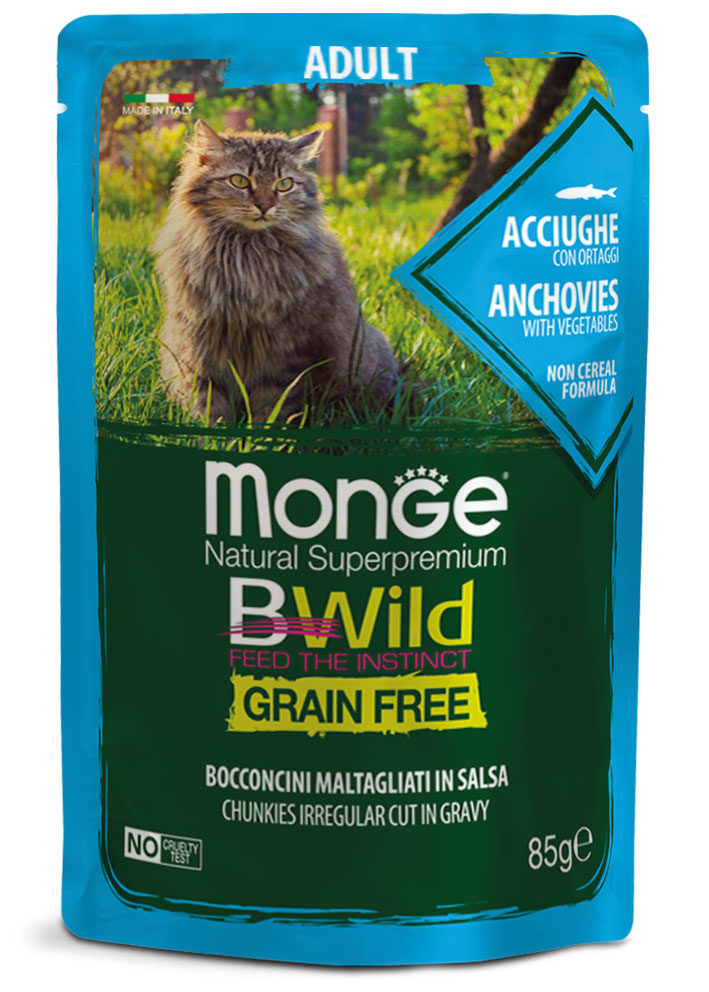 Monge Natural Super Premium Bwild Grain Free Formula Gatto Adulto Acciughe con ortaggi (fagiolini e carote) 85 g x24 pz