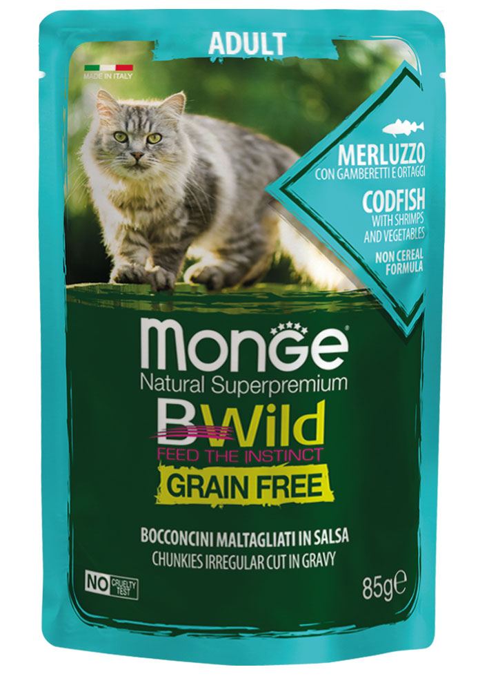 Monge Natural Super Premium Bwild Grain Free Formula Gatto Adulto Merluzzo con gamberetti e ortaggi (fagiolini e carote) 85 g x24pz