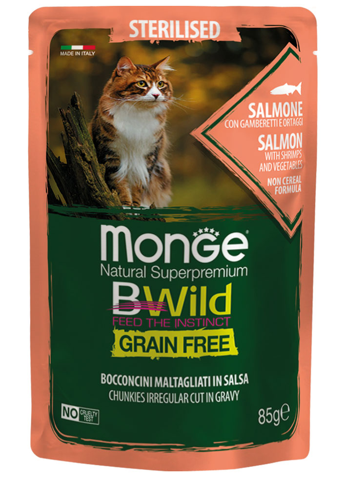 Monge Natural Super Premium Bwild Grain Free Formula Gatto Sterilizzato Salmone con gamberetti e ortaggi (fagiolini e carote) 85 g x24pz