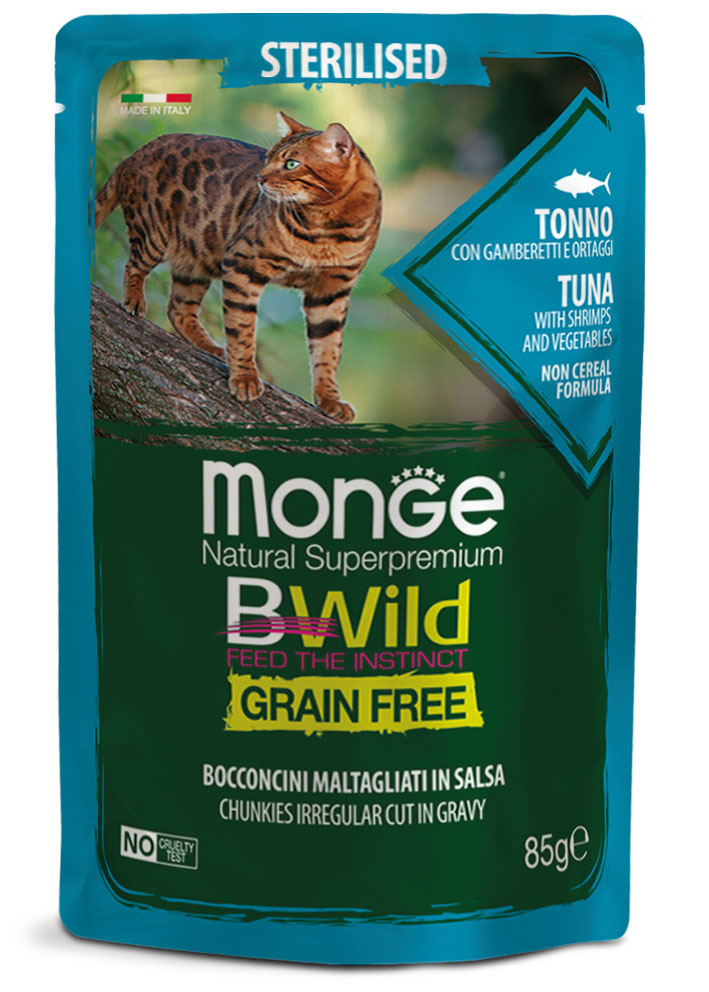 Monge Natural Super Premium Bwild Grain Free Formula Gatto Sterilizzato Tonno con gamberetti e ortaggi (fagiolini e carote) 85 g x24pz