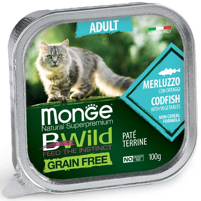 Monge Natural Super Premium Bwild Grain Free Formula Gatto Adulto Merluzzo con ortaggi (fagiolini e carote) 100 g x12pz