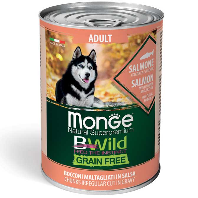 Monge Natural Super Premium Bwild Grain Free Formula All Breeds Cane Adulto Salmone con zucca e zucchine 400 g x6pz