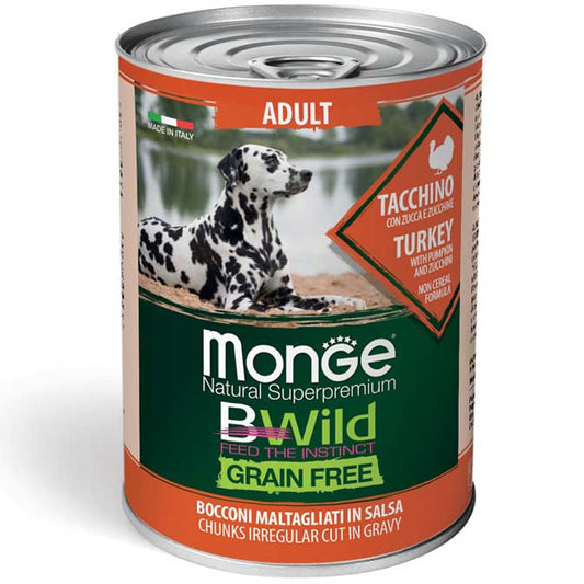 Monge Natural Super Premium Bwild Grain Free Formula All Breeds Cane Adulto Tacchino con zucca e zucchine 400 g x6pz