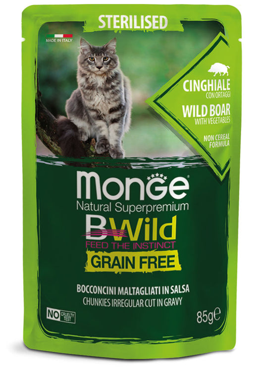 Monge Natural Super Premium Bwild Grain Free Formula Gatto Sterilizzato Cinghiale con ortaggi (fagiolini e carote) 85 g x24pz