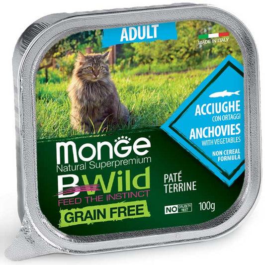 Monge Natural Super Premium Bwild Grain Free Formula Gatto Adulto Acciughe con ortaggi (fagiolini e carote) 100 g x12pz