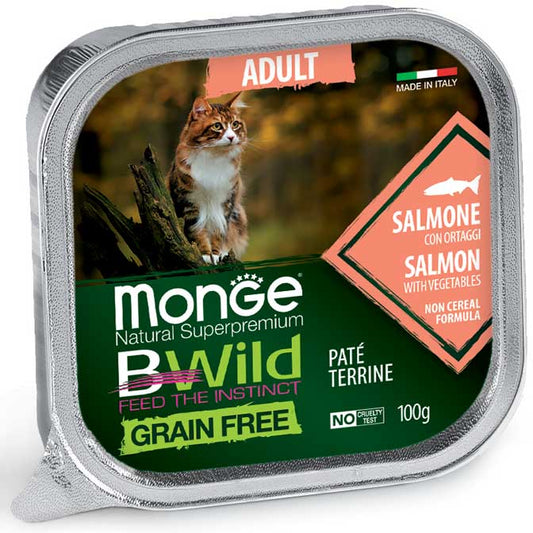 Monge Natural Super Premium Bwild Grain Free Formula Gatto Adulto Salmone con ortaggi (fagiolini e carote) 100 g x12 pz