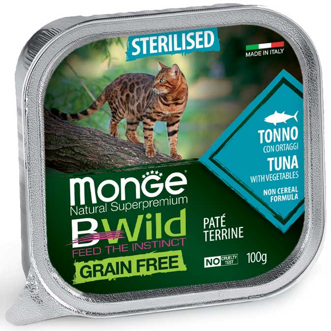 Monge Natural Super Premium Bwild Grain Free Formula Gatto Sterilizzato Tonno con ortaggi (fagiolini e carote) 100 g x12pz